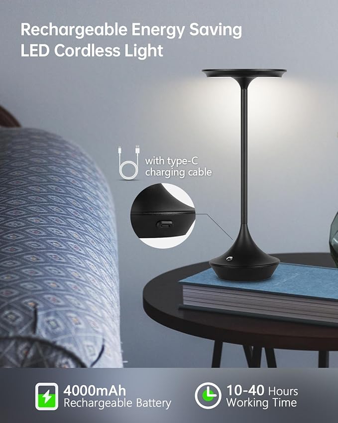 2 Pack Rechargeable Cordless Table Lamps, Portable 4000mAh Battery Table Lights, 3 Color Stepless Dimming LED Wireless Desk Light with Memory Function for Outdoor/Dinner/Bar/Restaurant/Camping