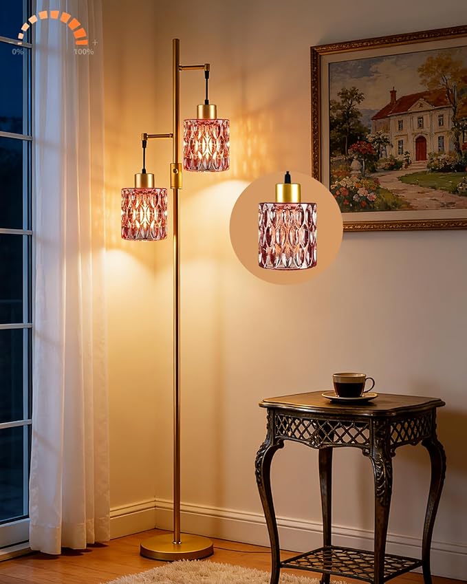 2-Light Gold Floor Lamp, 65IN Tall Standing Lamps Dimmable with Rose Red Glass Lampshade, 3000K Warmwhite Mid Century Modern Floor Lamp for Living Room/Bedroom