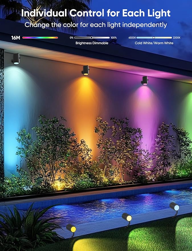 APPECK Smart Outdoor Spot Light 600lm, RGBCW+IC Color Changing Landscape Lights 2 Pack, IP65 Waterproof Low Voltage Landscape Lighting, App/Voice Control for Garden Pathway Yard Halloween Decor