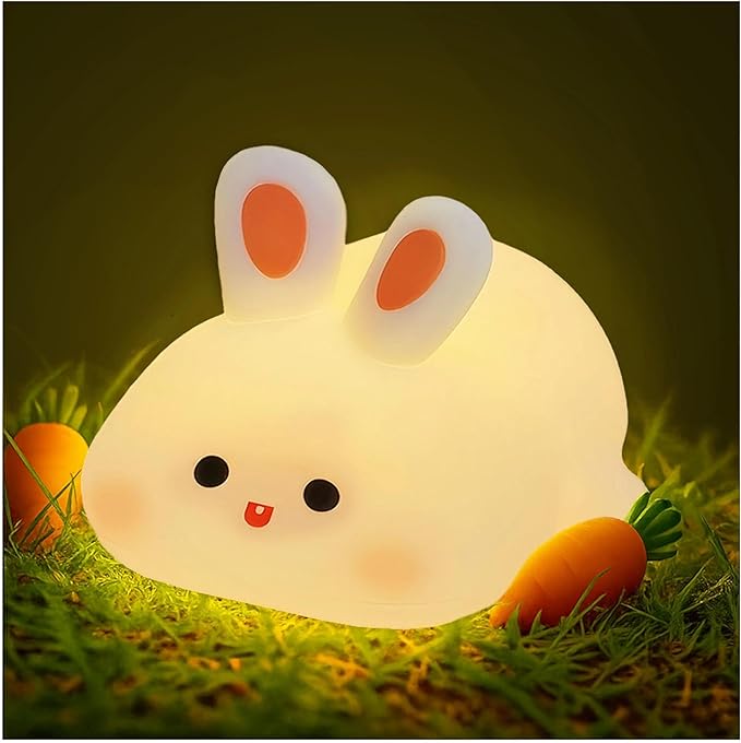 Squishy Bunny Night Light for Kids, Cute Big Face Rabbit Silicone Lamp with Timer Dimmable 3 Brightness, Easter Nursery Nightlight Portable Bedside Touch Lamp for Nightstand Bedroom Living Room Home ﻿