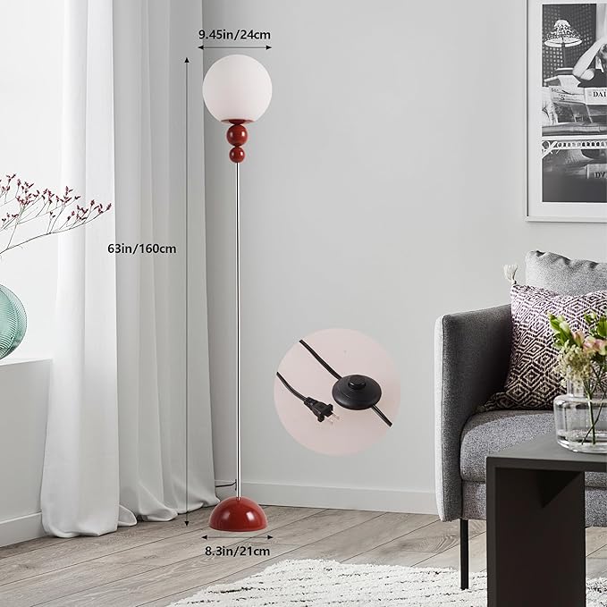 Modern Floor Lamps for Living Room, Globe Glass Shade Floor lamp for Bedroom, Standing lamp for Office, Corner(red)