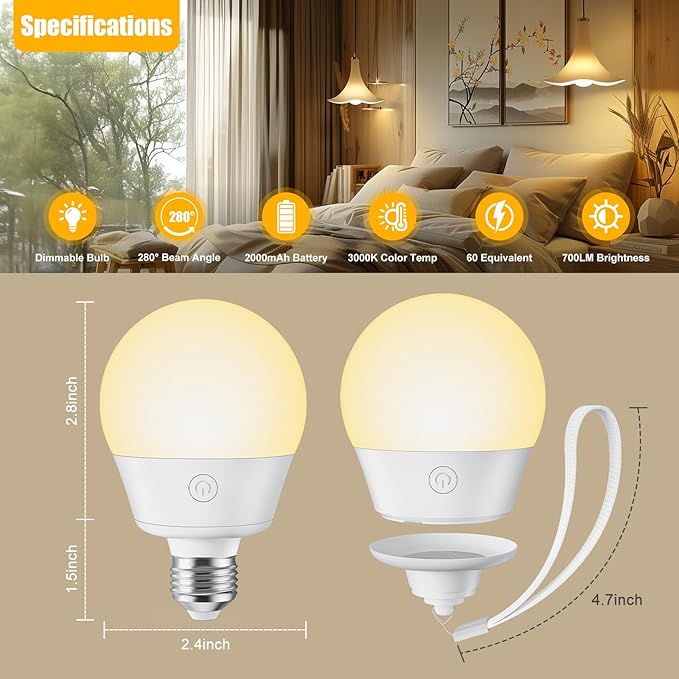 Rechargeable Light Bulb with Remote and Timer for Sconce and Lamp, Battery Backup Night Light, E26 Detachable Charging, Magnetic Base, 3 Lighting Colors, Dimmer, 7W, Lanyard Included, 4 Pack