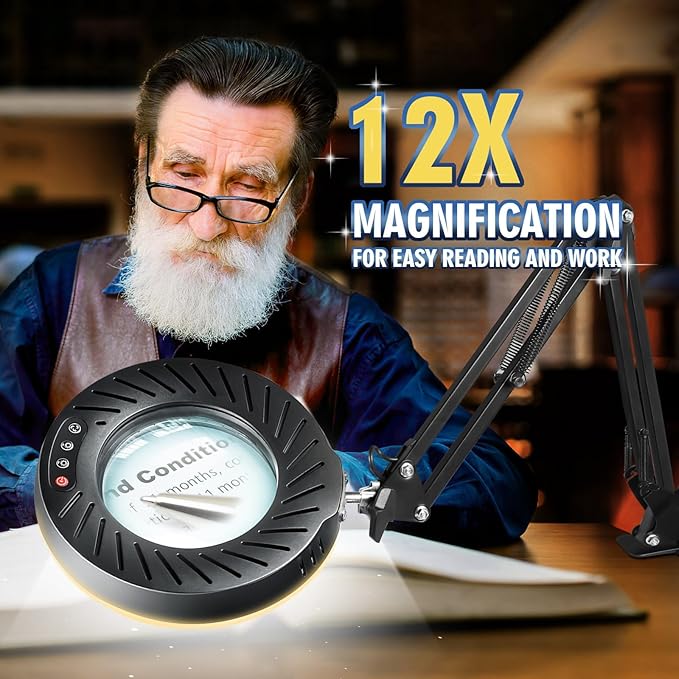 12X Magnifying Glass with Light and Stand, 144 LEDs Brightest Desktop Magnifying Lamp, 10 Dimmable Brightness 5 Color Modes, Hands Free Metal Desk Lamp for Craft Reading Painting (Black)