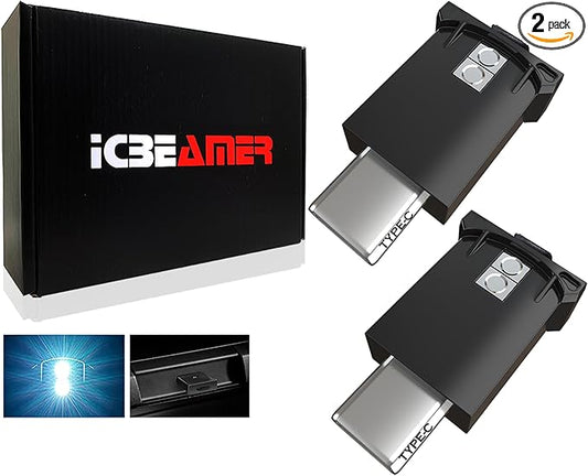 ICBEAMER Type C Adapters USB Ambient Light - 2 pcs (White) | Smart Interface, Miniature LED Night Lights for Car Interior, Trunk, Van, Pickup, Easy Plug-in, Enhance Automotive Mood.