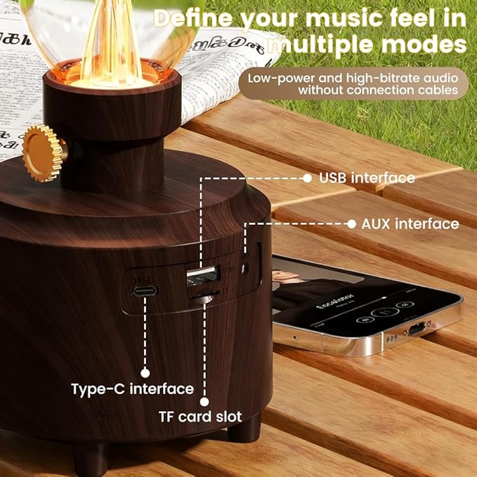 HomeBeyond Vintage Kerosene Table Lamp, Bedside Night Light with Bluetooth Speaker, Rechargeable Bedside Lights, IPX4 Waterproof Camping Lamp for Camping Party Holiday Home Decor Gift (Woodgrain)
