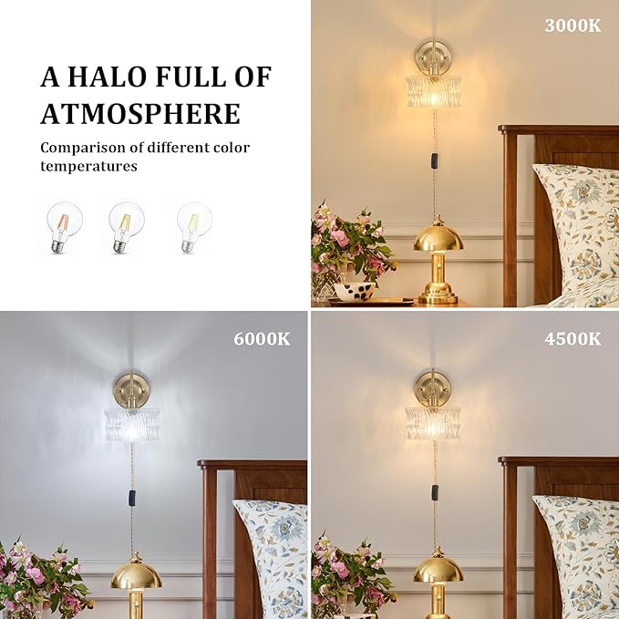 Plug in Wall Sconce Set of 2, Gold Vintage Wall Decor Lights with Clear Ripple Glass Shade, Indoor Brass Corded Wall Lamp Fixture for Bedroom Living Room Bathroom Hallway