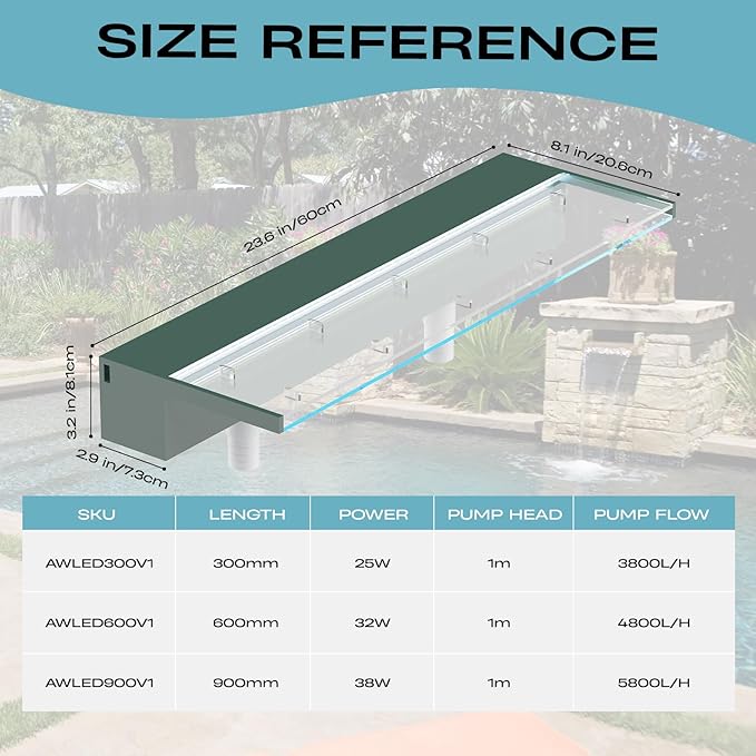Acrylic Pool Fountain Waterfall with LED Lights - 23.6" LED Strip Remote Control with 18 Colors, Smooth Water Flow & Cascade Blade, Easy Installation for Outdoor, Garden, Patio & Ponds