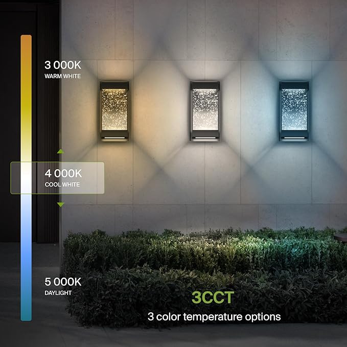 ASD LED 12" Bubble Glass Wall Light Fixture, Outdoor & Indoor Seeded Sconce | 3CCT, Waterproof, Dimmable, Up-Down Glow, ETL Listed | 22W 500LM 3000-5000K 120V | Exterior Porch Lighting | Black