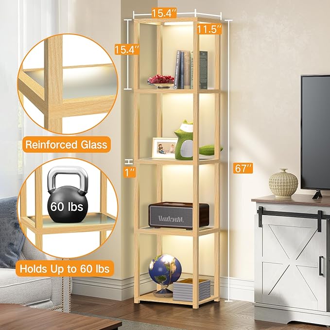 OUTON 67" Glass Display Shelf with Dimmable LED Floor Lamp, Collectibles Display Cabinet with Remote & App Control, 5 Tier Open Bookshelf Lamp for Living Room, Bedroom, Office, Home Decor, Wood