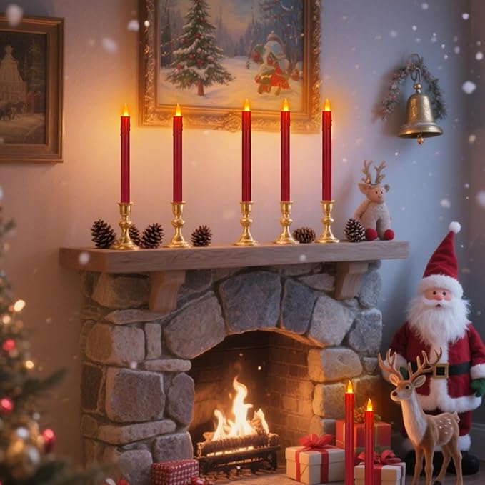 24 Pcs Flameless Taper Candles with Remote, 10" Burgundy Battery Operated Led Candlesticks with Flickering 3D Flame, Fake Taper Candles for Christmas Thanksgiving Wedding Home Décor
