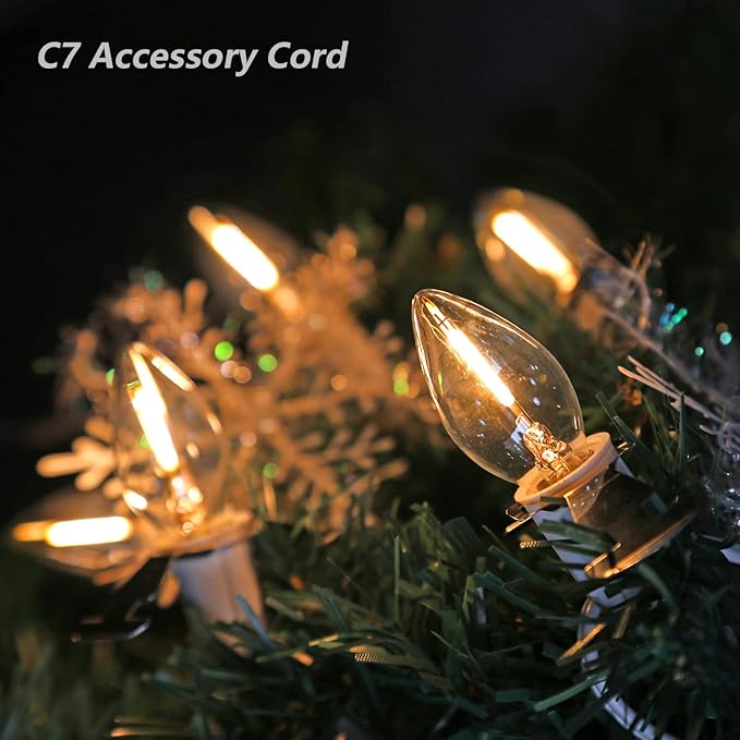 LED Accessory Cord with 5 LED Night Light Bulbs - C7 Christmas Village Light Accessory Cord - C7 led Bulb Warm White with Spare Fuse for Holiday Decoration and Craft Village House Decoration
