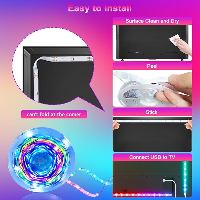 Daymeet TV LED Lights 16.4FT for 65-85in TVs, Music Sync RGB Color Changing TV Lights with Remote APP Control, USB Tv Backlighting Strip Light for Gaming Room Xmas Decoration