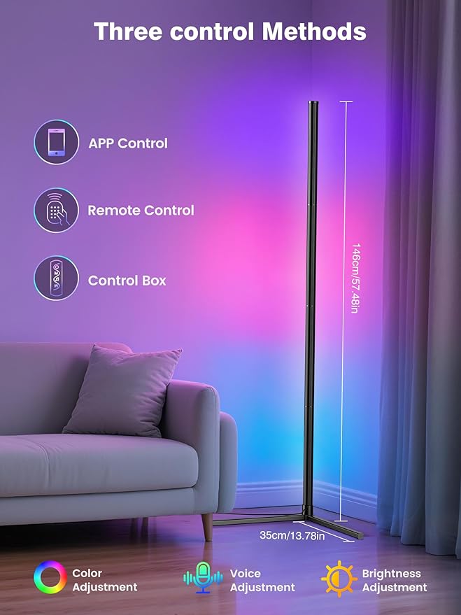 2Pack Corner Floor Lamp, Modern LED Corner Lamp with AC Adapter & APP & Remote Control, 16 Million Colors, 68+ Scene Modes, Music Sync, Ambient Lighting for Living Room, Bedroom, and Gaming Room