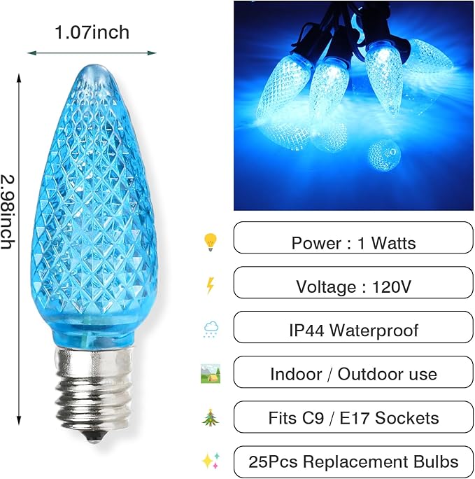50PCS C9 Led Christmas Light Bulbs - C9 Led Bulbs with E17 Base Sockets Replacement Bulbs for Outdoor String Lights - Commercial Grade ICY Blue