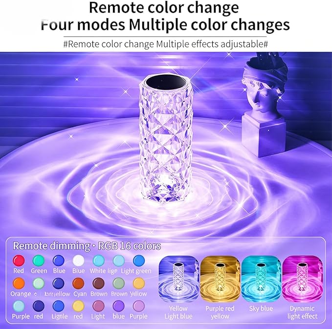 Can Switch 16 Colors Artificial Crystal Table Lamp, 2026 New 16 Color Rose Crystal Diamond LED Table Lamp, RGB Color Changing Rose Diamond Design, with Remote Control USB Charging Touch Sensor (Large)