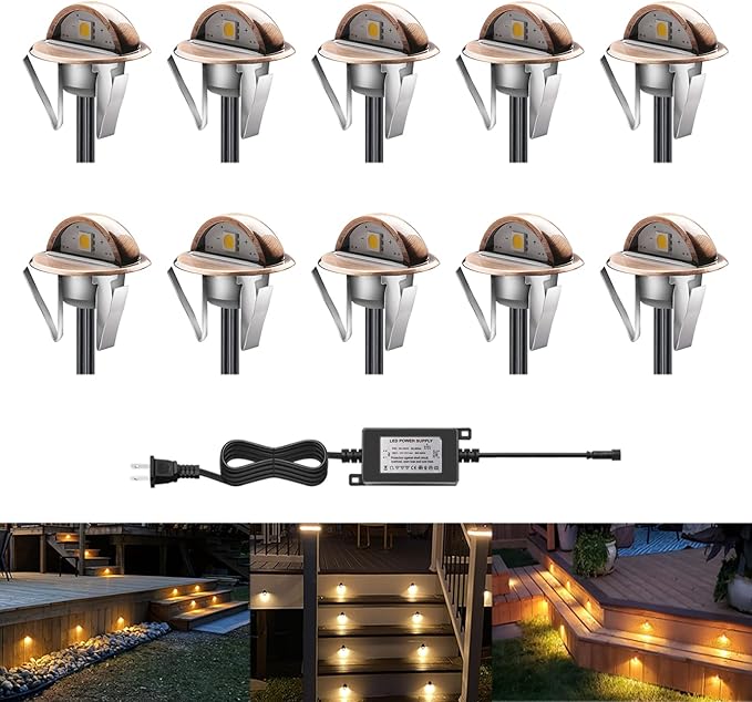 LED Outdoor Deck Lights Kits, Φ1.38in Warm White 10 Pack Bronze, Low Voltage 12V DC IP65 Waterproof, Electric Wired Recessed Stair Step Riser Mini Under Landscape Lighting for Exterior Floor