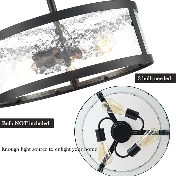 Industrial Black Semi Flush Mount Ceiling Light Harmmered Glass Farmhouse Ceiling Light Fixture 3-Light Ceiling Light for Bedroom Kitchen Bathroom Entryway Proch