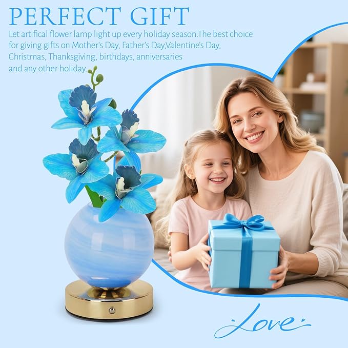 Flower Table Lamp, 3 Colors Orchid Night Light, Cordless Touch Dimming Artificial Flower with Vase Lamp, LED Desktop Decorative Landscape Lights for Festival Party Home Decor (Blue Orchid)