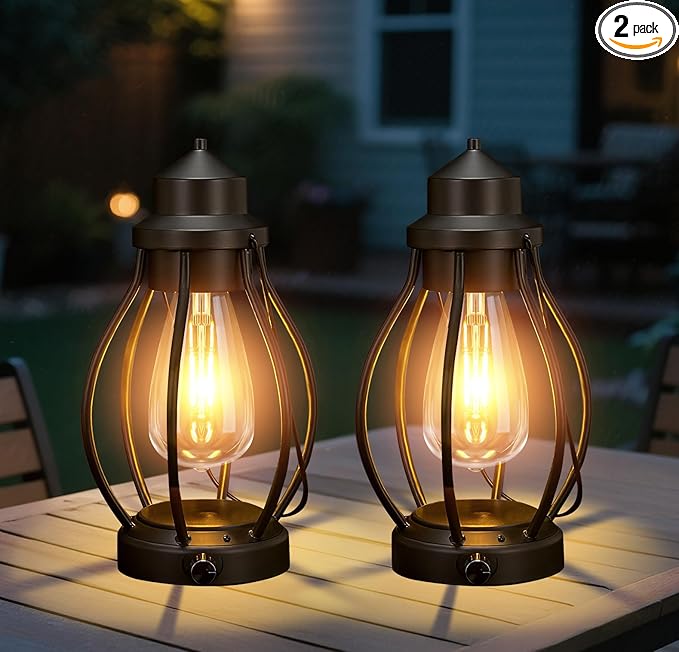 Battery-Powered LED Lanterns Vintage Lights for Christmas, 2 Pack Rechargeable Lantern with Dimmerble Warm White Edison Bulb, Waterproof Hanging Light Table Lamp for Outdoor & Indoor Decorative