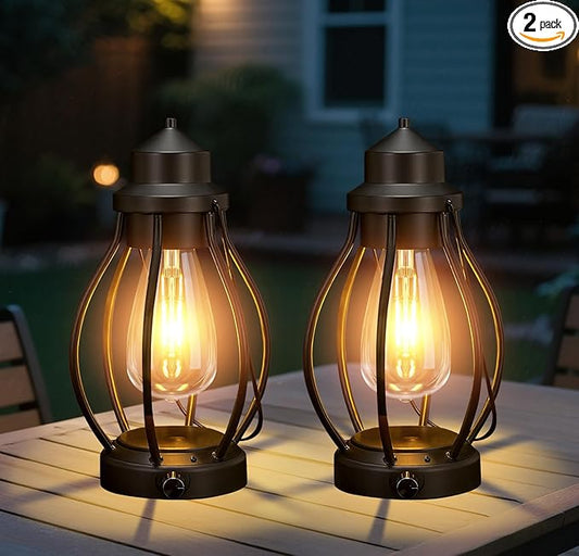 Battery-Powered LED Lanterns Vintage Lights for Christmas, 2 Pack Rechargeable Lantern with Dimmerble Warm White Edison Bulb, Waterproof Hanging Light Table Lamp for Outdoor & Indoor Decorative