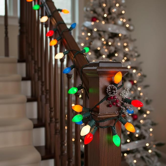 C7 Multicolor Incandescent Christmas Light Bulbs, 25 Pack Ceramic Replacement Bulbs for Ceramic Christmas Tree, Vintage C7/E12 Candle Bulbs, 120V 5W Durable Glass Indoor Outdoor Use