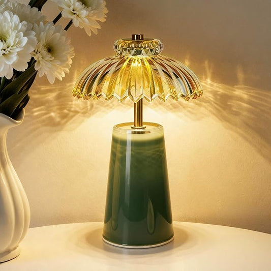 MJ PREMIER Cordless Lamp, Battery Operated Lamp with Timer, Crystal Glass Flower Lampshade, Small Table Lamps, Decorative Led Light for Bedroom Living Room Shelf (L-Green)