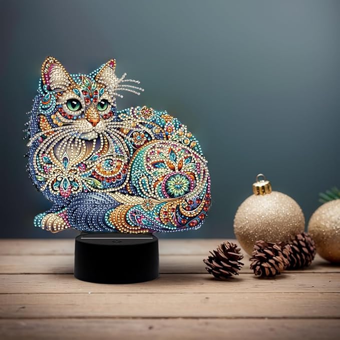 Gorgeous Cat Diamond Art Painting Night Light,Diamond Art Painting Kits Desktop Touch Lamp Ornaments for Tabletop Decor Diamond Art Accessories for Adult Beginner Bedrooms Living Room