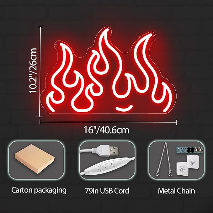 Red Flame Neon Sign – LED Wall Light for Game Room, Bedroom, Bar, Party or Club Decor, USB Powered Fire Shape Neon Wall Art for Home or Event 16″×10.2″