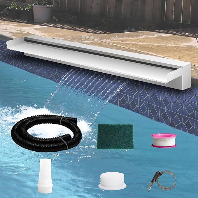 Pool Fountain Stainless Steel Pond Waterfall Spillway Kits for Indoor/Outdoor Decorative, 36 Inches Pool Water Feature for Garden Patio, Backyard Koi Pond Decor(No LED Light)