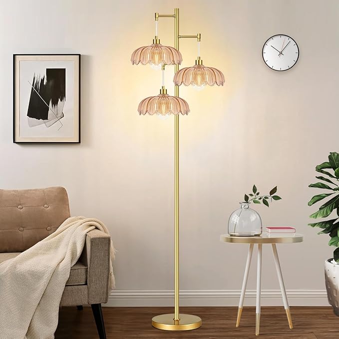 Floor Lamp for Living Room,Bedroom,Gold Mid Century Modern Standing Lamp Brass Tree 3 Light Tall Floor Lamps Vintage Retro Floor Lights Glass Flower Lamp Shade Farmhouse Boho Bohemian