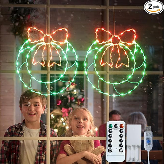 2 Packs Large Window Christmas Wreath Lights, Christmas Door Decorations with 160 LED Lights, Timer Remote Control USB and Battery Powered Home Decor, 8 Lighting Modes Party Decor