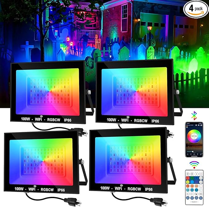 RGB LED Flood Light Outdoor 1000W Equivalent, 100W Bluetooth RGBCW Smart Floodlights 2700K, 16 Million Color Changing, Timing, Music Sync, IP66 Waterproof Landscape Light with US Plug (4 Pack)