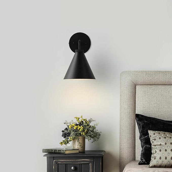 Retro Industrial Metal Cone Sconce Light - Vintage-Inspired Modern Black Wall Sconce with Metal Shade, Wall Mount Lighting for Bedroom, Hallway, Living Room (Black, 11 inch)