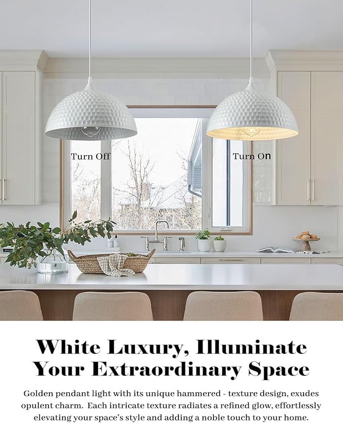 Hammered White Dome Pendant Light 2 Pack, White and Gold Pendant Lights,12 Inch Metal Industrial Pendant Light, Kitchen Island Pendant Lights for Kitchen, Dining Room, Bar