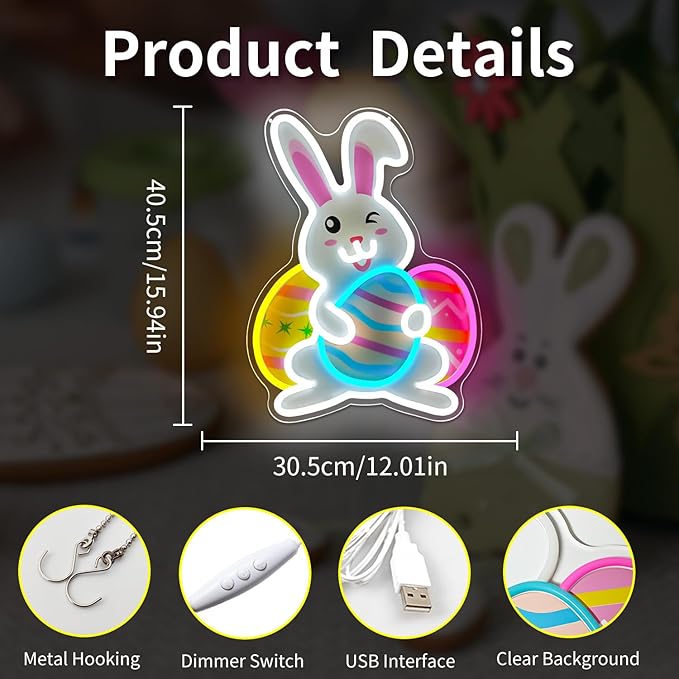 Easter Neon Sign Bunny Led Sign Printing Easter Wall Decor Bunny Eggs Light Sign Rabbit Decorations for Door Window Easters Gifts for Kids