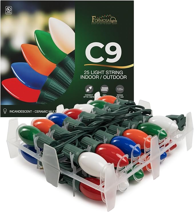 C9 26ft Indoor/Outdoor Ceramic Multicolor Incandescent Christmas String Lights with 25 Bulbs and E17 Base | 120V, 7W