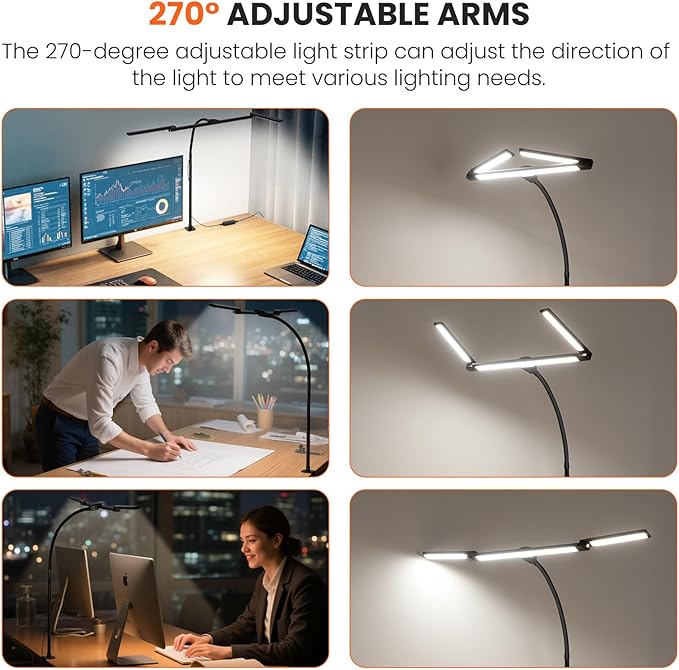 LED Desk Lamp for Office Home, Eye Caring Clip on Desk Light with Clamp, Architect Task Lamp Stepless Dimming, Computer Monitor Table Lamp 3 Head Adjustable Desk Lamp for Reading Study Workbench Black