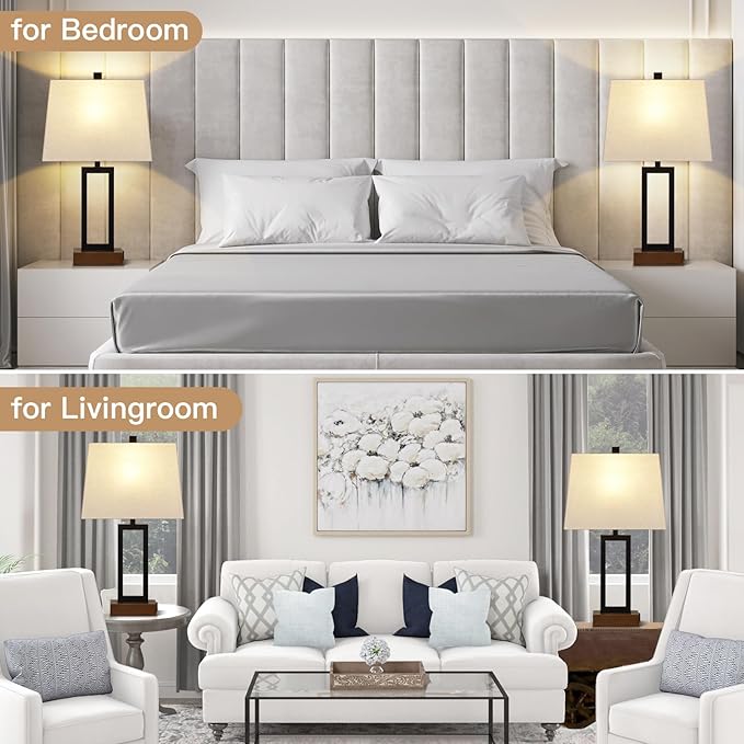 23.5" Table Lamps Set of 2, Modern Black Bedside Lamps with 2 USB Ports & AC Outlet, Contemporary Nightstand Lamps with Wood Base for Bedroom Living Room(LED Bulb Included)