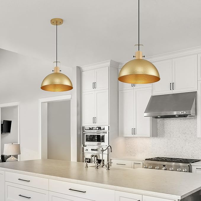 16 Inch Gold Pendant Lights Hammered Matte Pendant Lights for Kitchen Island Industrial Farmhouse Adjustable Height Dome Hanging Light Fixtures for Barn, Dining Room 1 Pack