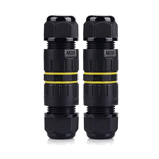 IP68 Waterproof Junction Box 4 Way/4 Pin Outdoor Connection Box, Cable Connector, Outdoor External Sleeve Coupler M20 4P Ø5-9mm, for Repair and Extend Power Cables,Black 2 Pcs.(M20 4P)