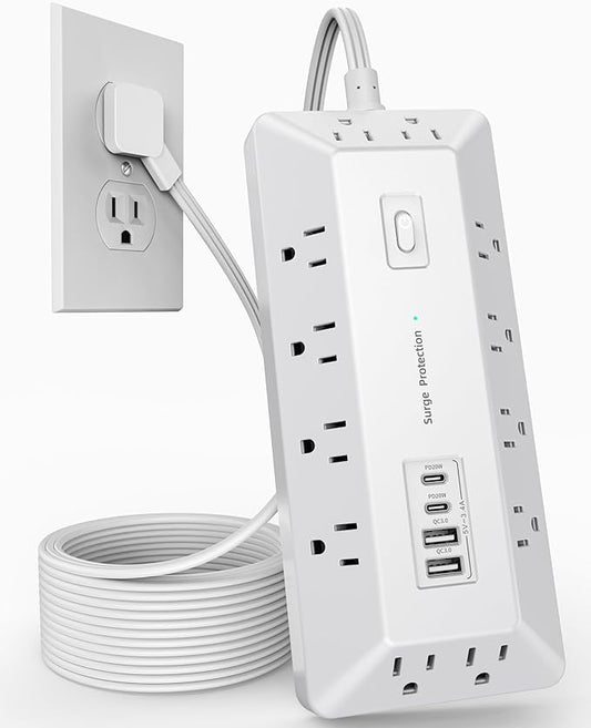 16 in 1 Surge Protector Power Strip with 4 USB (2 USB C) and 12 AC Outlets Extender, 6 Ft Flat Plug Extension Cord, Cable Management Outlets for Home Office and Dorm Rooms (White)