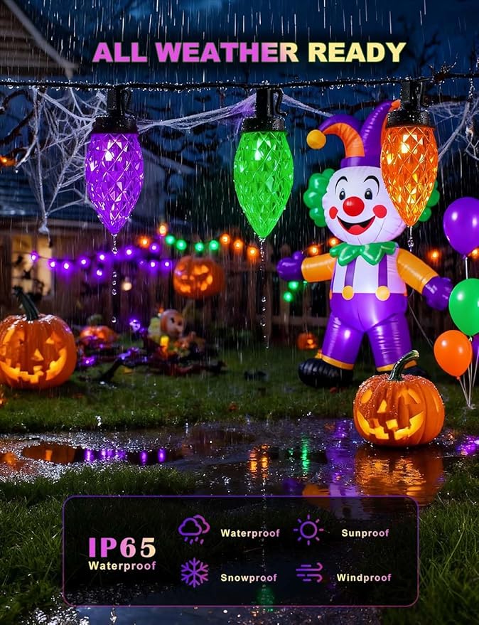 Mardi Gras String Lights C7 50L Halloween Solar Lights Outdoor Yellow Green Purple Light Outdoor Lighting with 8 Modes for Mardi Gras Party Patio Garden Tree Yard