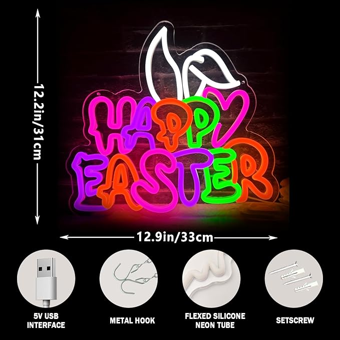 Happy Easter Neon Sign, Easter Neon Bunny Ears Neon LED Lights, Easter Wall Decor Party Home Room Decor, Wall Decor, Easter Gift for Kids