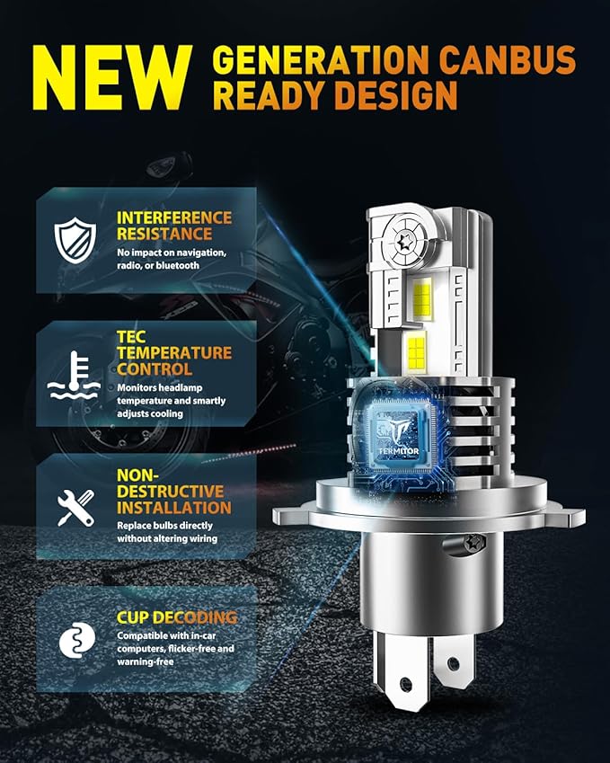 Latest H4/9003/HB2 Bulb for Motorcycle Hi/Low Beam, 18000LM 800% Super Brighter, 1:1 Halogen Size, 6500K Cool White, 70000Hrs Long Service Life with Cooling Fan, Plug and Play, Pack of 1