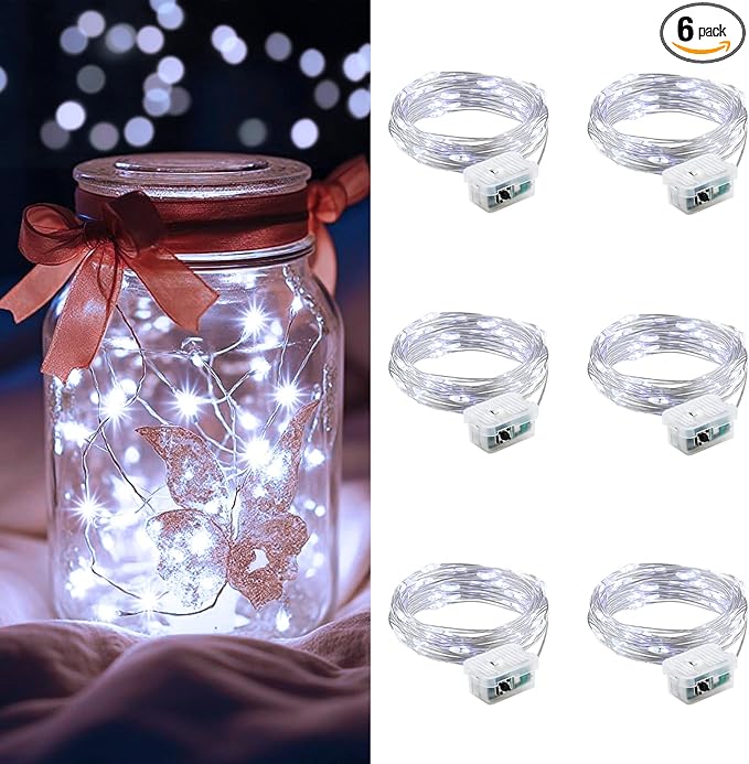 AIKEI 6 Pack LED Fairy Lights Battery Operated, Mini String Lights Waterproof 7 Feet 20 Led Firefly Starry Lamps 3 Working Modes for Wedding Party Bedroom Garden Halloween Christmas Decoration White