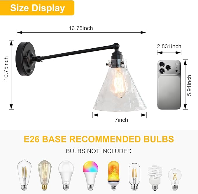 Industrial Vintage Slope Pole Wall Mount Single Sconce with Funnel Flared Clear Glass Shade, Swing Arm Wall Sconce Light Lamp Fixture Hardwired