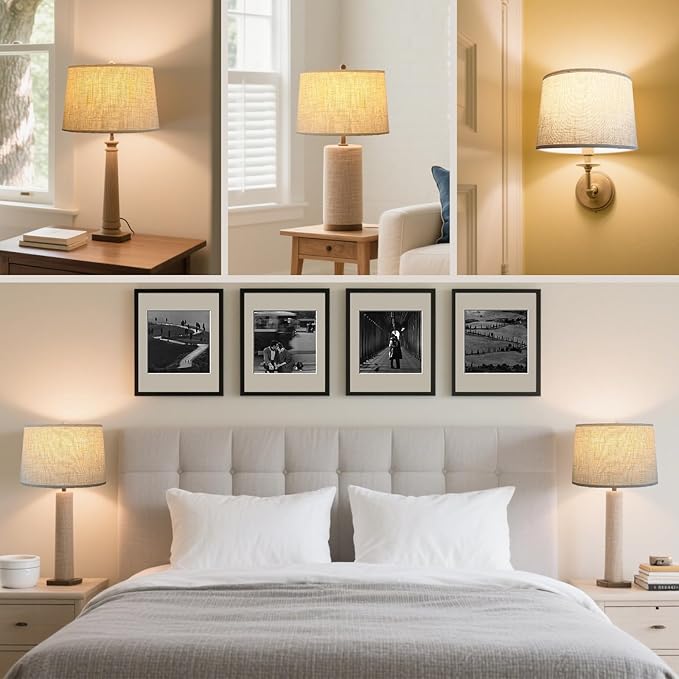 Modern Linen Lamp Shades Set of 2 with Harp, Drum Lamp Shade 11.4" Top x 12.6" Bottom x 9.8" High Lampshade Replacement for Table & Bedside Lamp, Beige