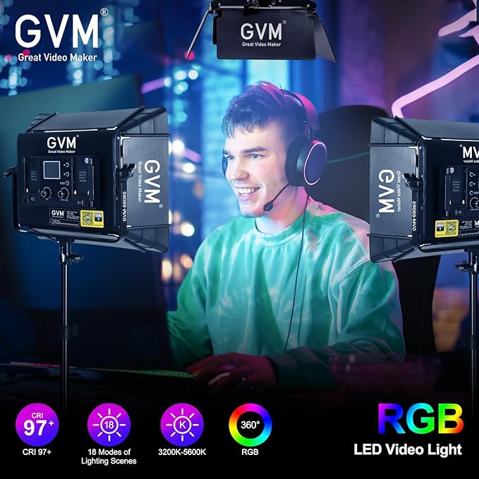 GVM RGB Photography Lighting Kits with 3 Softboxes, 880RS 60W Studio Lights with Bluetooth Control, 3 Packs Video Light with 18 Lighting Scenes, led Panel Lights for Video Recording, 8330lux/0.5M