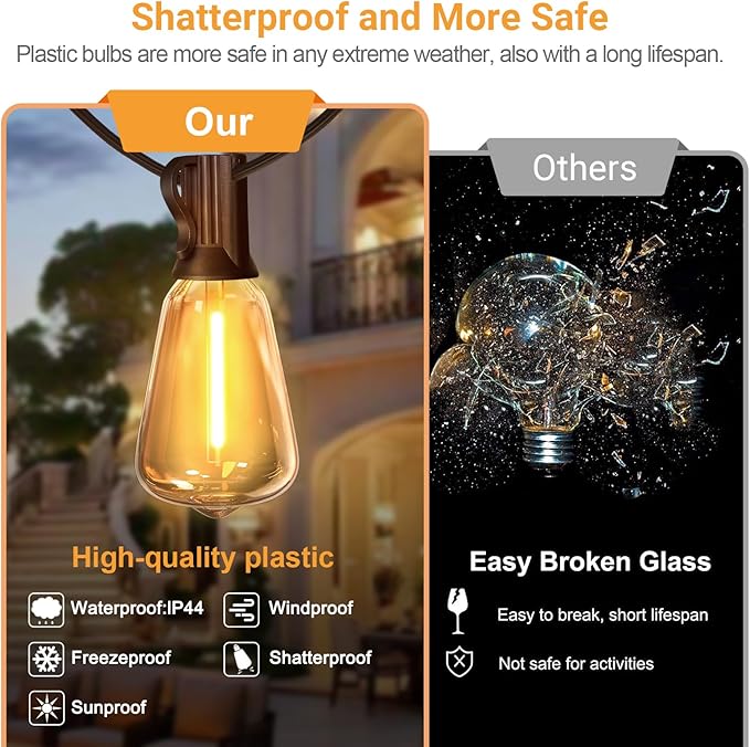 LAMPHOME LED Outdoor String Lights 100FT Patio Lights with 52 Shatterproof ST38 Vintage Edison Bulbs, Outside Hanging Light Waterproof for Porch, Deck, Garden, Backyard, Dimmable 2700K