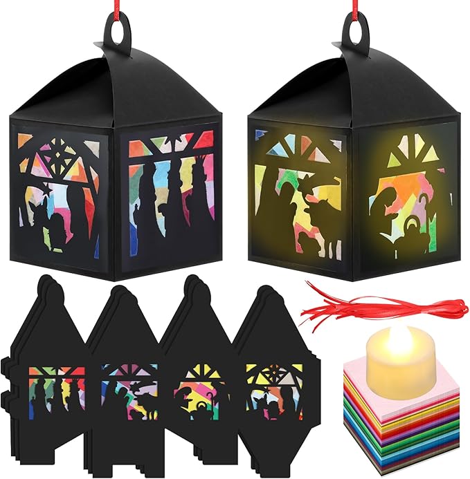 12 Sets Christmas Nativity Lanterns Crafts with LED Candles Lights Christmas Tissue Paper Crafts Kits DIY Birth of Jesus Religious Lanterns for Xmas Party Decor Classroom Activities